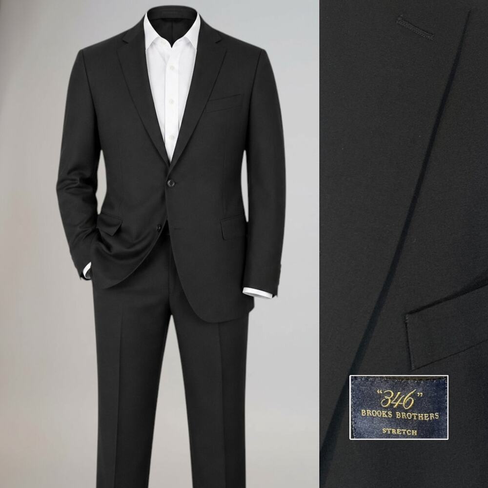 Brooks Brothers 346 Stretch Suit 48L 40x30 Black Wool Lycra Comfort